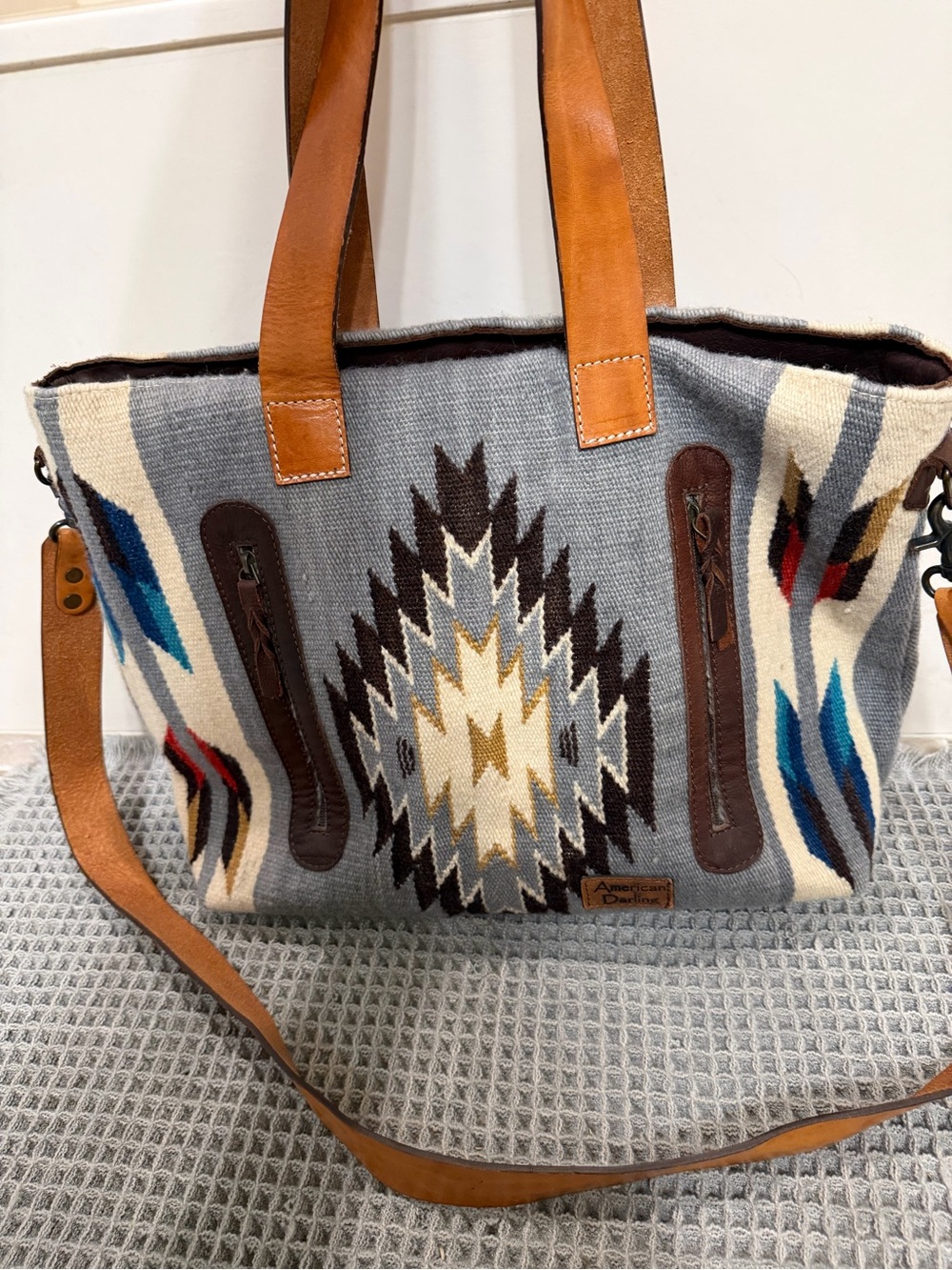 American Darling Gray Southwestern Tote with Tan Leather Straps